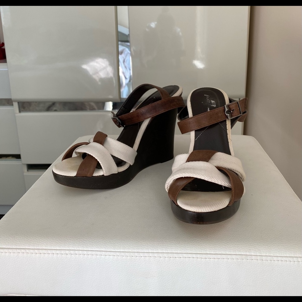 7 For All Mankind wedge platform with ankle straps